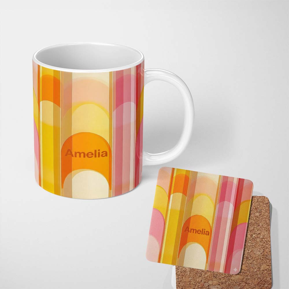 Personalized Custom Name Abstract Fluid Gradient Vertical Waves Warm Sunset Colors Seamless 11oz Ceramic Coffee Tea Mug White Large Handle