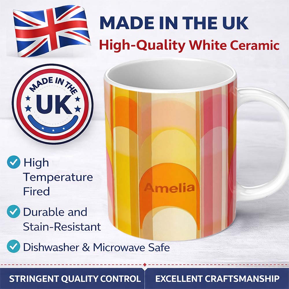 Personalized Custom Name Abstract Fluid Gradient Vertical Waves Warm Sunset Colors Seamless 11oz Ceramic Coffee Tea Mug White Large Handle