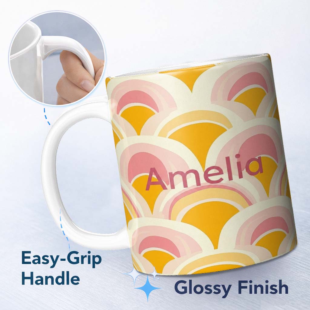 Personalized Custom Name Abstract Art Deco Fan Shape Soft Pastel Seamless Pattern Name Cute 11oz Ceramic Coffee Tea Mug White Large Handle