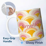 Personalized Custom Name Abstract Art Deco Fan Shape Soft Pastel Seamless Pattern Name Cute 11oz Ceramic Coffee Tea Mug White Large Handle