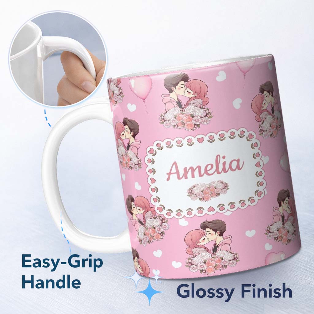 Personalized Custom Name Romantic Couple Kissing Floral Bouquet Hearts Pattern Light Pink 11oz Ceramic Coffee Tea Mug White Large Handle