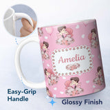 Personalized Custom Name Romantic Couple Kissing Floral Bouquet Hearts Pattern Light Pink 11oz Ceramic Coffee Tea Mug White Large Handle