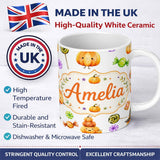 Personalized Custom Name Cute Halloween Pumpkin Candy Characters Soft Grey Background 11oz Ceramic Coffee Tea Mug White Large Handle