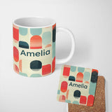 Personalized Custom Name Abstract Minimal Capsule Shapes Mid Century Modern Seamless Pattern 11oz Ceramic Coffee Tea Mug White Large Handle