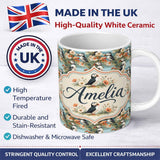 Personalized Custom Name Vintage Style Puffin Birds with Floral Garden Seamless Pattern 11oz Ceramic Coffee Tea Mug White Large Handle