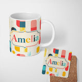 Personalized Custom Name Abstract Textured Rounded Shapes Color Block Modern Seamless 11oz Ceramic Coffee Tea Mug White Large Handle