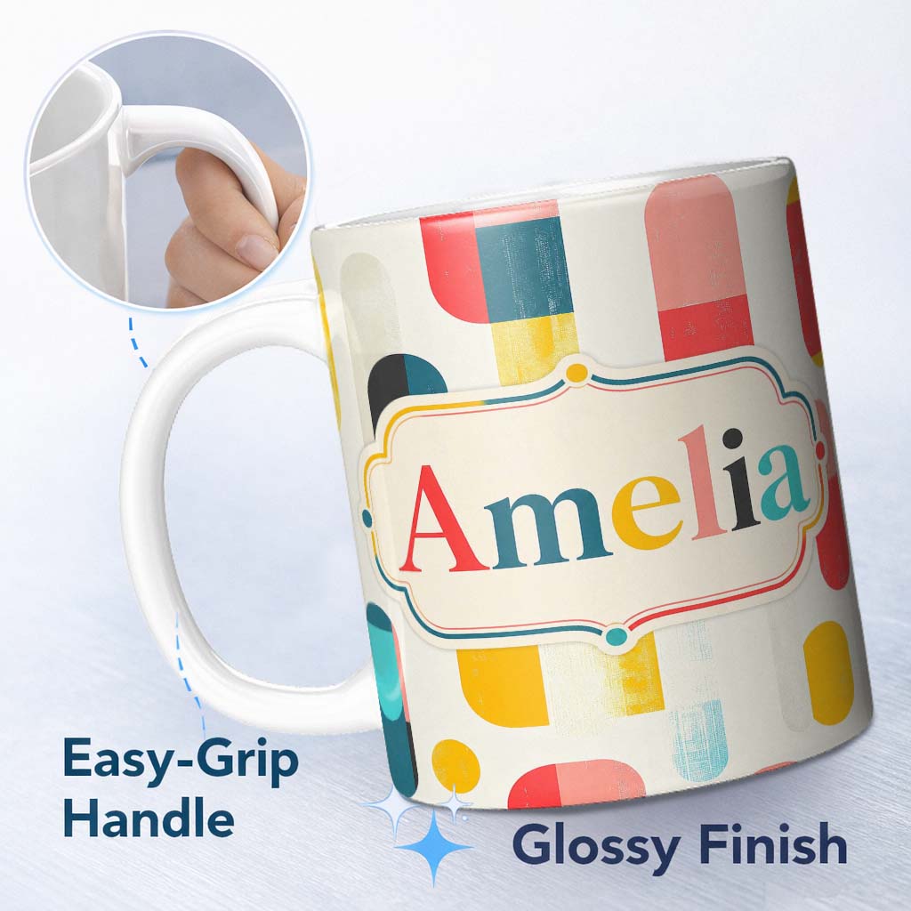 Personalized Custom Name Abstract Textured Rounded Shapes Color Block Modern Seamless 11oz Ceramic Coffee Tea Mug White Large Handle