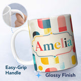 Personalized Custom Name Abstract Textured Rounded Shapes Color Block Modern Seamless 11oz Ceramic Coffee Tea Mug White Large Handle