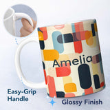Personalized Custom Name Abstract Mid Century Rounded Geometric Shape Soft Colors Seamless 11oz Ceramic Coffee Tea Mug White Large Handle