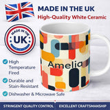 Personalized Custom Name Abstract Mid Century Rounded Geometric Shape Soft Colors Seamless 11oz Ceramic Coffee Tea Mug White Large Handle