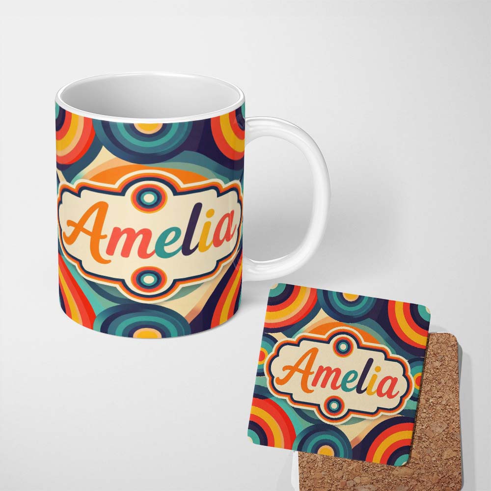 Personalized Custom Name Abstract Concentric Circles Layered Rings Bold Color Seamless 11oz Ceramic Coffee Tea Mug White Large Handle
