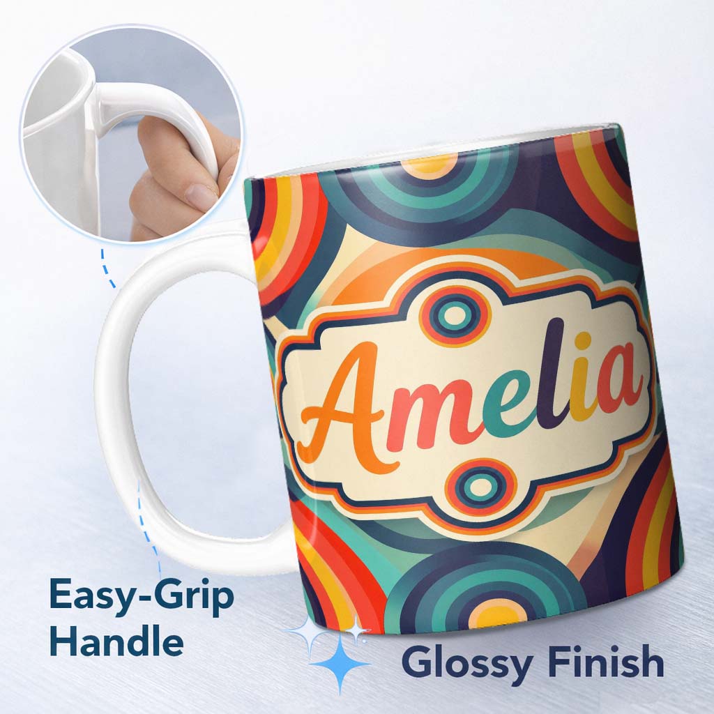 Personalized Custom Name Abstract Concentric Circles Layered Rings Bold Color Seamless 11oz Ceramic Coffee Tea Mug White Large Handle