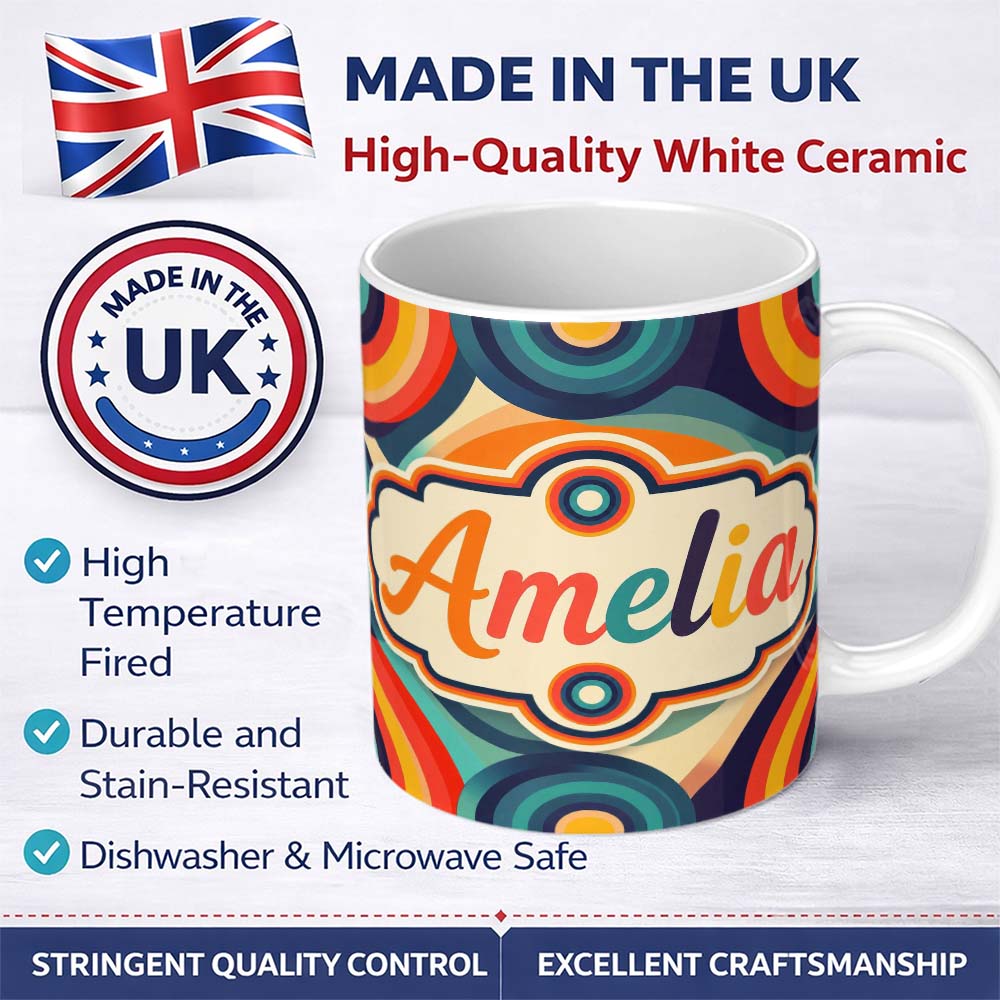 Personalized Custom Name Abstract Concentric Circles Layered Rings Bold Color Seamless 11oz Ceramic Coffee Tea Mug White Large Handle