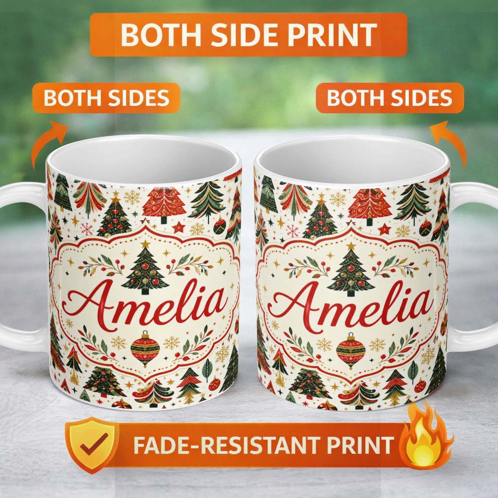 Personalized Custom Name Vintage Christmas Tree Ornament Festive Seamless Pattern Lovely 11oz Ceramic Coffee Tea Mug White Large Handle