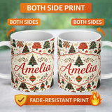 Personalized Custom Name Vintage Christmas Tree Ornament Festive Seamless Pattern Lovely 11oz Ceramic Coffee Tea Mug White Large Handle