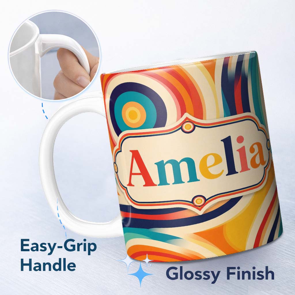 Personalized Custom Name Abstract Wavy Layered Circular Lines Gradient Seamless Pattern Name 11oz Ceramic Coffee Tea Mug White Large Handle
