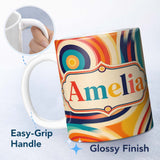 Personalized Custom Name Abstract Wavy Layered Circular Lines Gradient Seamless Pattern Name 11oz Ceramic Coffee Tea Mug White Large Handle