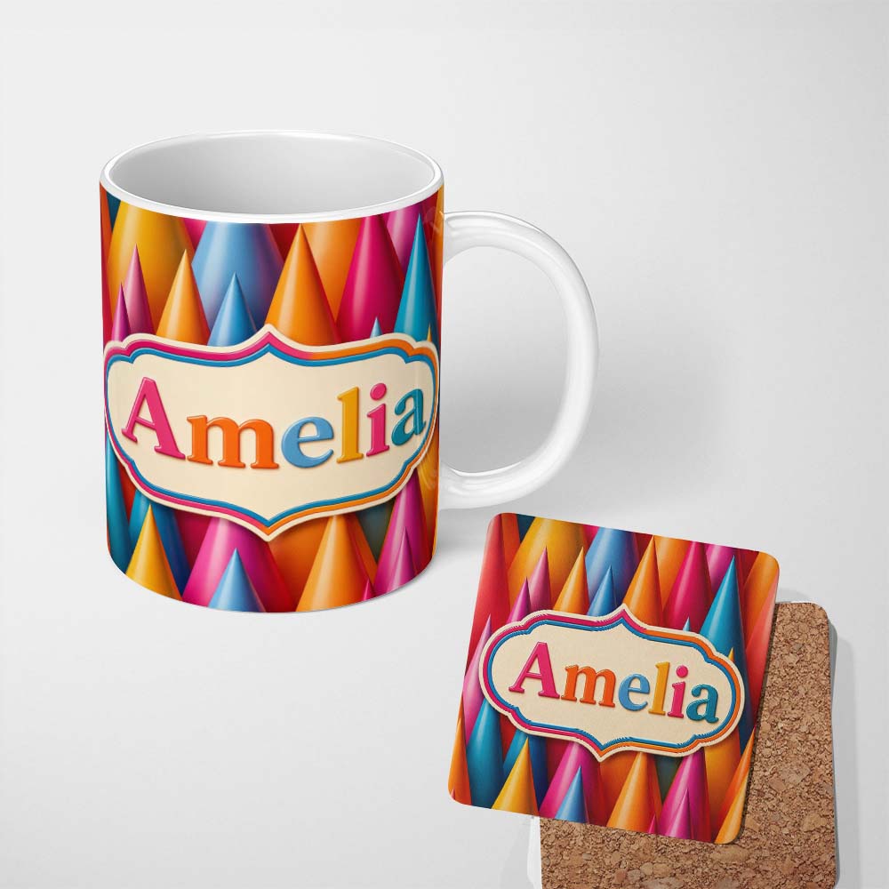 Personalized Custom Name Abstract Colorful 3D Cone Shapes Modern Geometric Gradient Seamless 11oz Ceramic Coffee Tea Mug White Large Handle