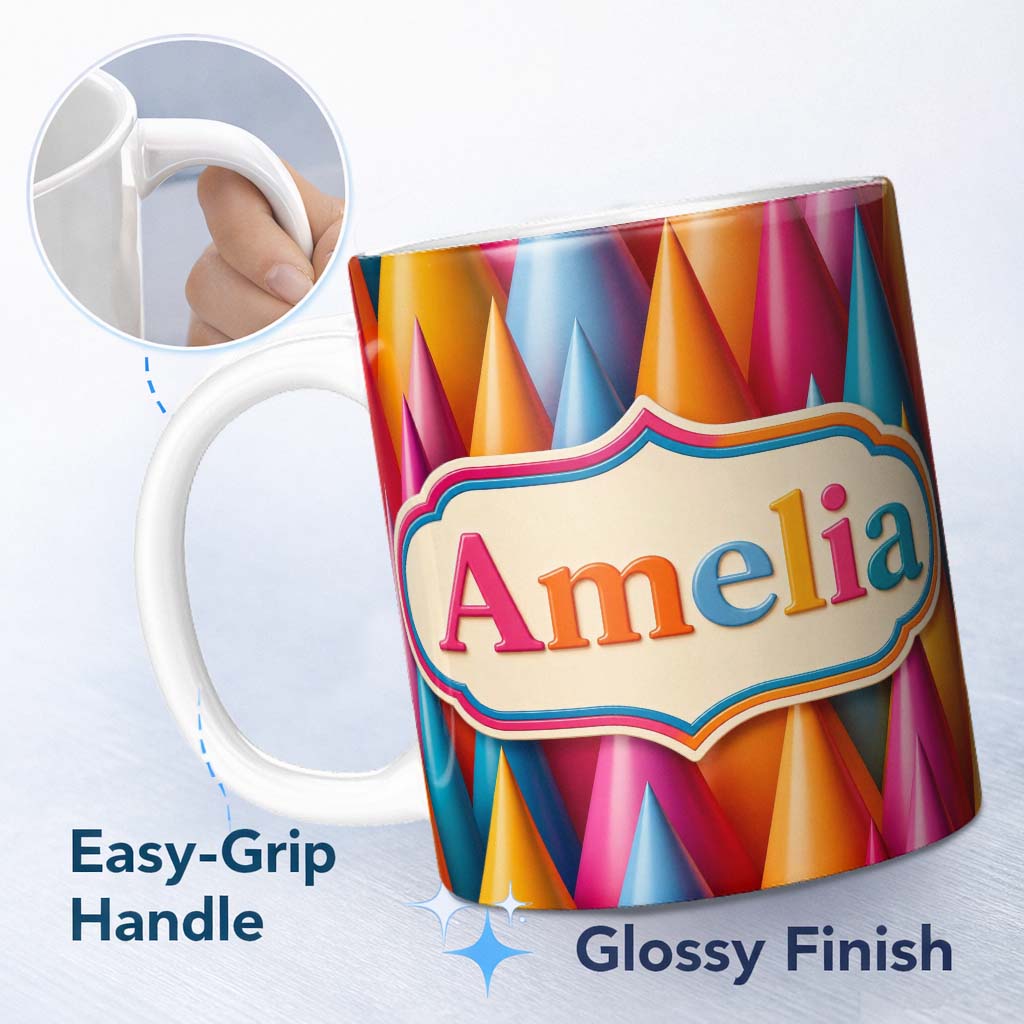 Personalized Custom Name Abstract Colorful 3D Cone Shapes Modern Geometric Gradient Seamless 11oz Ceramic Coffee Tea Mug White Large Handle