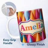 Personalized Custom Name Abstract Colorful 3D Cone Shapes Modern Geometric Gradient Seamless 11oz Ceramic Coffee Tea Mug White Large Handle
