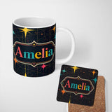 Personalized Custom Name Abstract Night Sky Starburst Lines Atomic Mid Century Seamless 11oz Ceramic Coffee Tea Mug White Large Handle