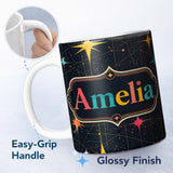 Personalized Custom Name Abstract Night Sky Starburst Lines Atomic Mid Century Seamless 11oz Ceramic Coffee Tea Mug White Large Handle