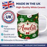Personalized Custom Name Cute Snowman Ho Ho Baubles Stars Festive Holiday Seamless Pattern 11oz Ceramic Coffee Tea Mug White Large Handle