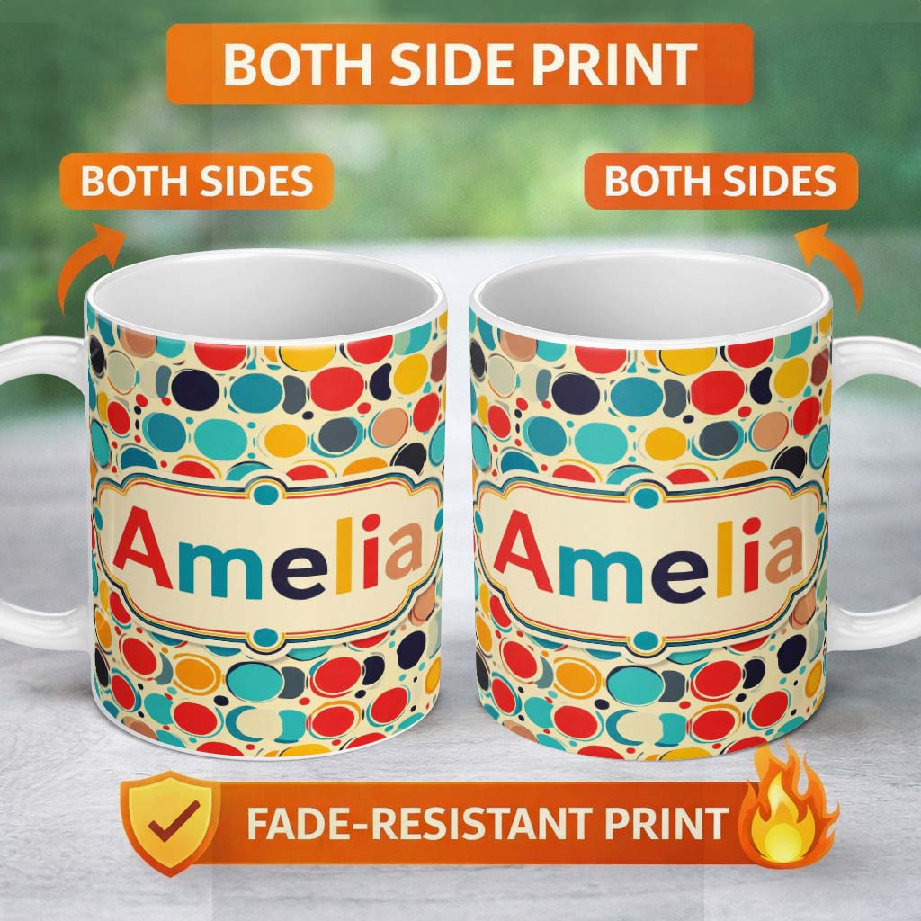Personalized Custom Name Abstract Polka Dot Organic Circles Soft Pastel Seamless Pattern 11oz Ceramic Coffee Tea Mug White Large Handle