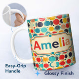Personalized Custom Name Abstract Polka Dot Organic Circles Soft Pastel Seamless Pattern 11oz Ceramic Coffee Tea Mug White Large Handle