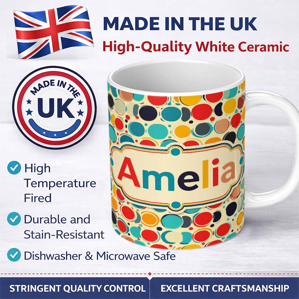 Personalized Custom Name Abstract Polka Dot Organic Circles Soft Pastel Seamless Pattern 11oz Ceramic Coffee Tea Mug White Large Handle