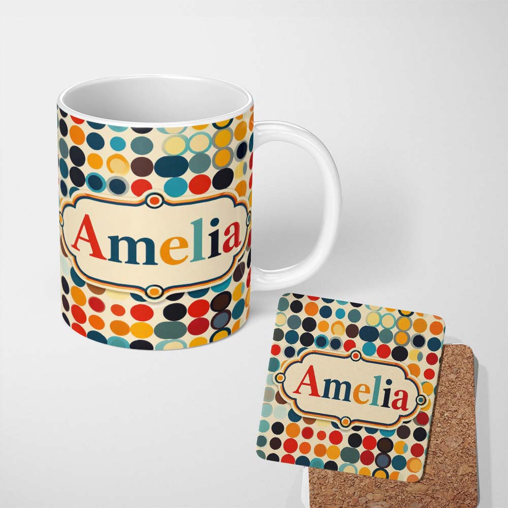 Personalized Custom Name Abstract Minimal Colorful Dot Grid Mid Century Modern Seamless 11oz Ceramic Coffee Tea Mug White Large Handle