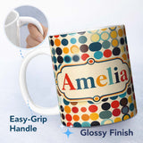 Personalized Custom Name Abstract Minimal Colorful Dot Grid Mid Century Modern Seamless 11oz Ceramic Coffee Tea Mug White Large Handle