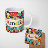 Personalized Custom Name Abstract Bold Circular Shapes Overlapping Pop Art Seamless Pattern 11oz Ceramic Coffee Tea Mug White Large Handle
