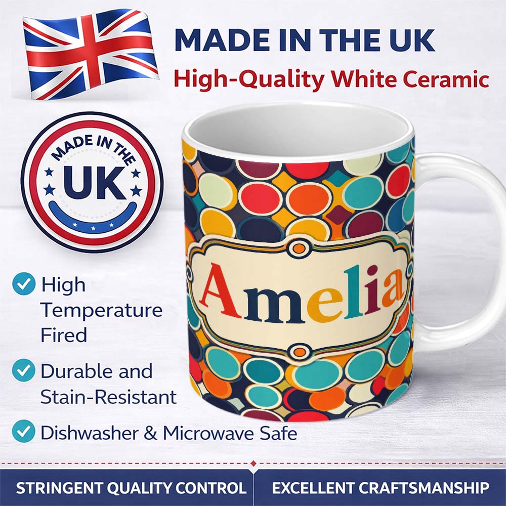 Personalized Custom Name Abstract Bold Circular Shapes Overlapping Pop Art Seamless Pattern 11oz Ceramic Coffee Tea Mug White Large Handle