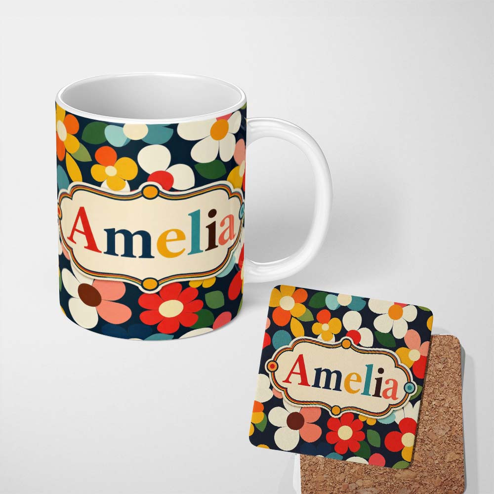 Personalized Custom Name Colorful Daisy Flowers Dark Background Seamless Pattern Name Cute 11oz Ceramic Coffee Tea Mug White Large Handle