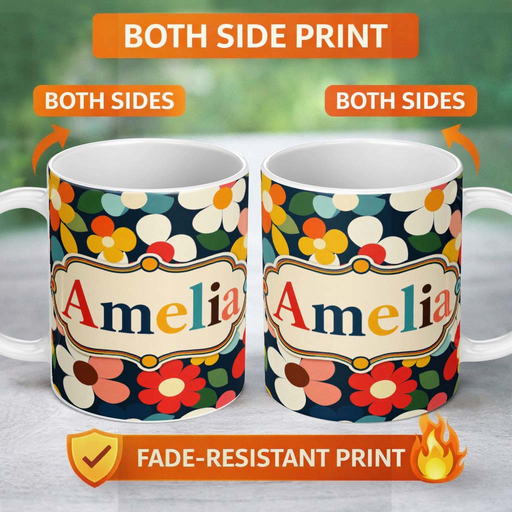 Personalized Custom Name Colorful Daisy Flowers Dark Background Seamless Pattern Name Cute 11oz Ceramic Coffee Tea Mug White Large Handle