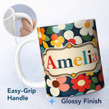 Personalized Custom Name Colorful Daisy Flowers Dark Background Seamless Pattern Name Cute 11oz Ceramic Coffee Tea Mug White Large Handle