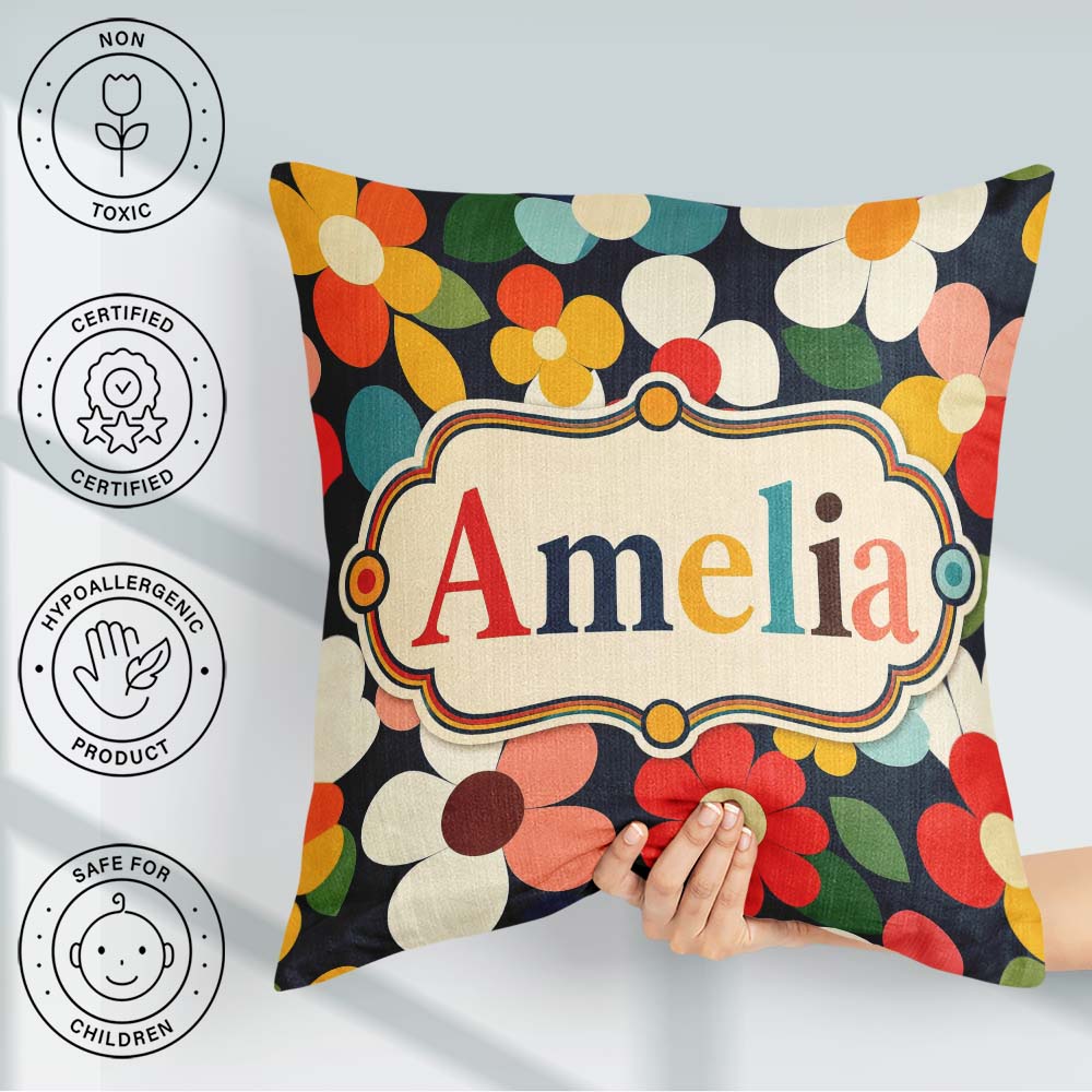 Custom Name Colorful Daisy Flowers Dark Background Seamless Name Square Filled Cushion Throw Pillow Sofa Bed Home Decor Zip Washable UK Made