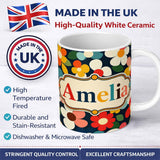 Personalized Custom Name Colorful Daisy Flowers Dark Background Seamless Pattern Name Cute 11oz Ceramic Coffee Tea Mug White Large Handle