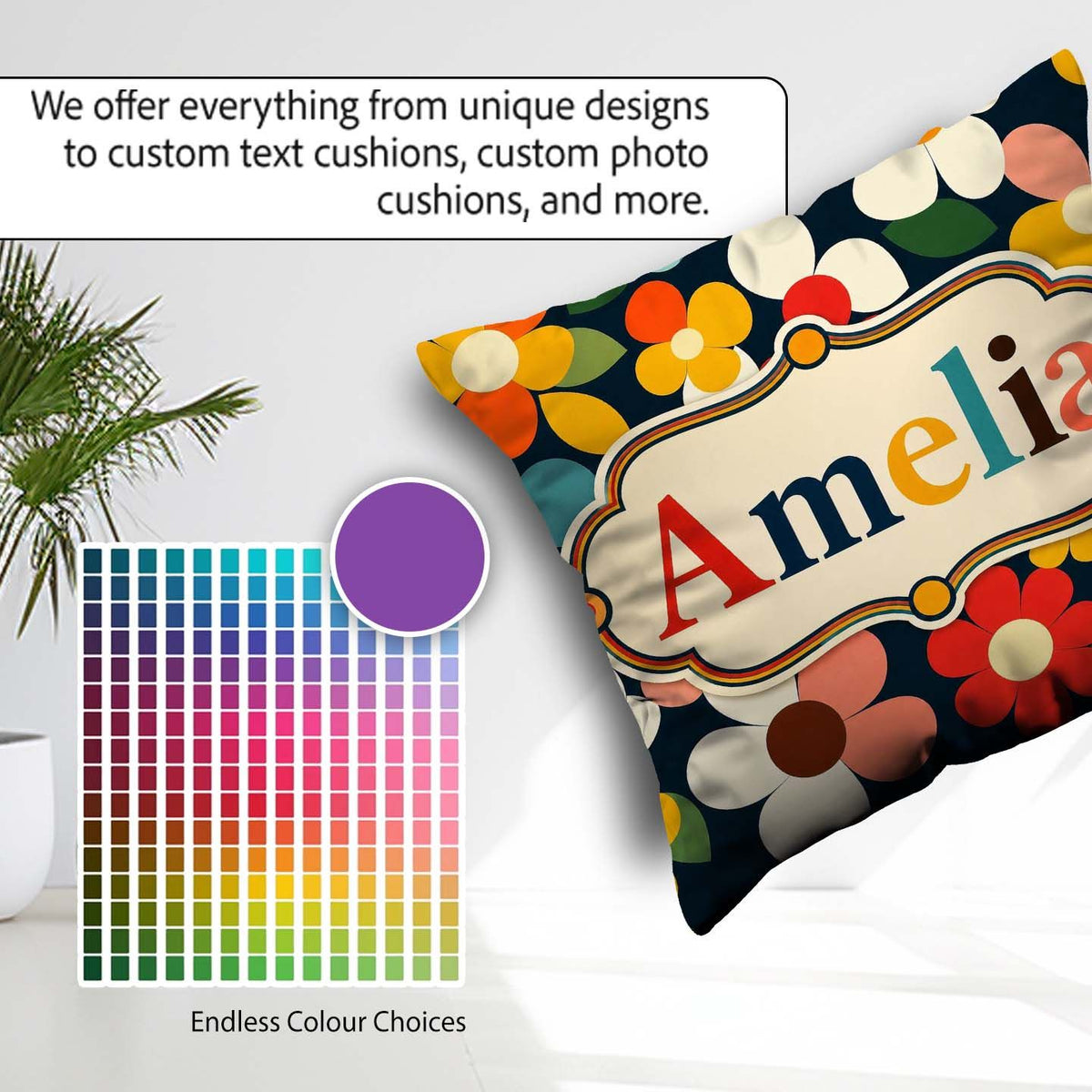 Custom Name Colorful Daisy Flowers Dark Background Seamless Name Square Filled Cushion Throw Pillow Sofa Bed Home Decor Zip Washable UK Made