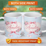 Personalized Custom Name Elegant Watercolor Rose Bouquet Ribbon Butterfly Soft Blue Lovely 11oz Ceramic Coffee Tea Mug White Large Handle