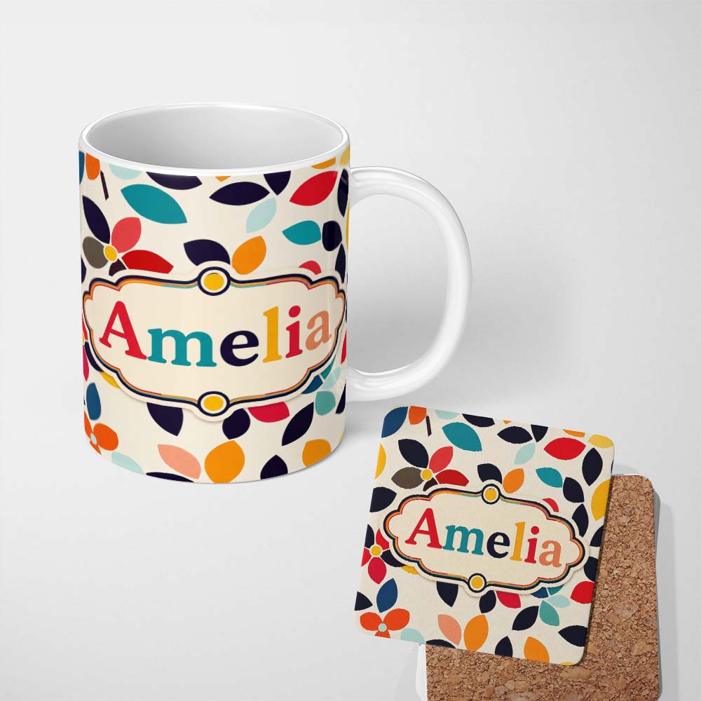 Personalized Custom Name Mid Century Floral Petal Shapes Minimal Modern Seamless Pattern 11oz Ceramic Coffee Tea Mug White Large Handle