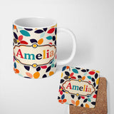 Personalized Custom Name Mid Century Floral Petal Shapes Minimal Modern Seamless Pattern 11oz Ceramic Coffee Tea Mug White Large Handle