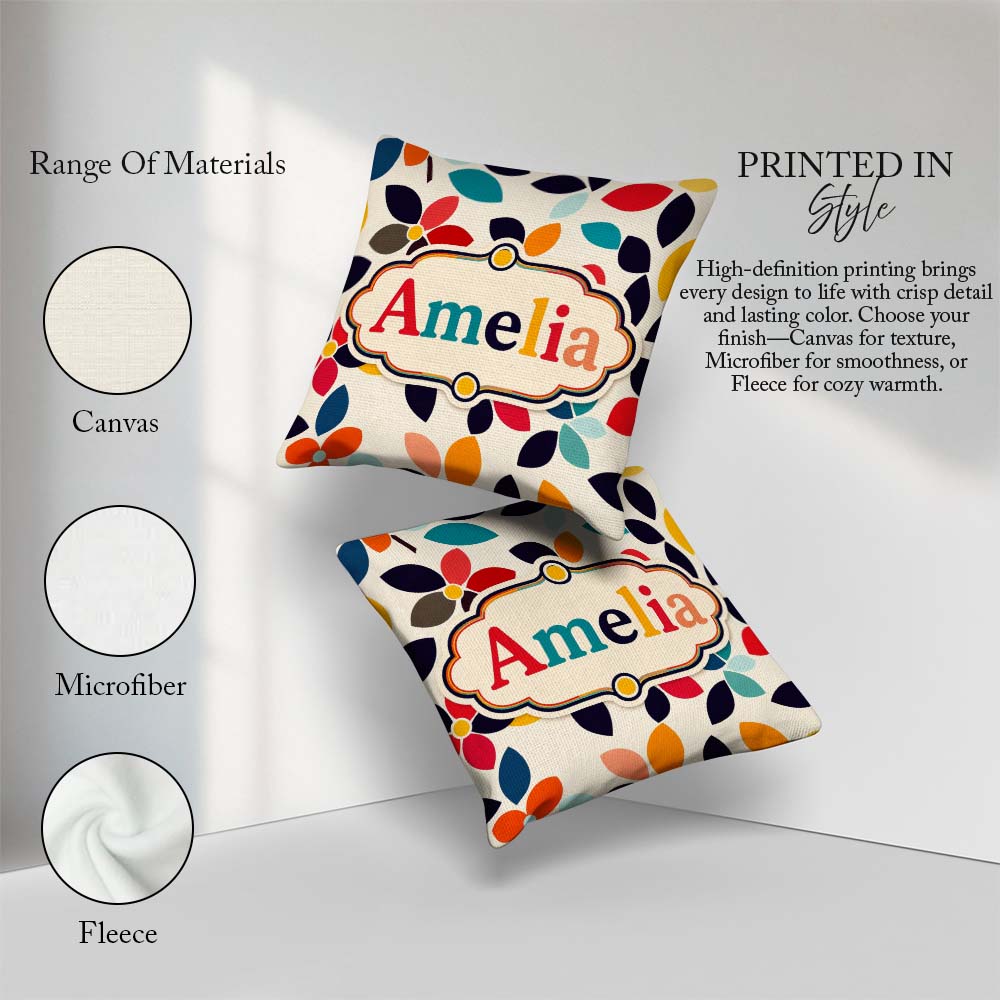 Custom Name Century Floral Petal Shapes Minimal Seamless Pattern Square Filled Cushion Throw Pillow Sofa Bed Home Decor Zip Washable UK Made