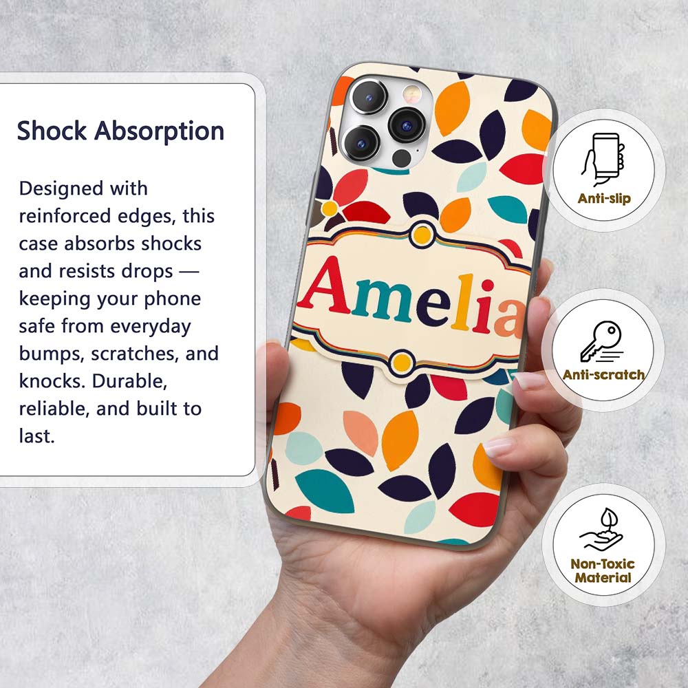 Mid Century Floral Petal Shapes Minimal Modern Custom Name Protective Phone Case Mobile Cover Durable Everyday Smartphone Shock Resistant