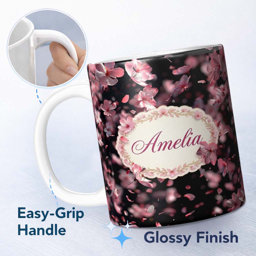 Personalized Custom Name Delicate Sakura Blossoms on Dark Background Pattern Elegant Japanese 11oz Ceramic Coffee Tea Mug White Large Handle