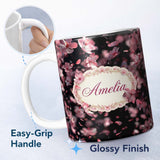 Personalized Custom Name Delicate Sakura Blossoms on Dark Background Pattern Elegant Japanese 11oz Ceramic Coffee Tea Mug White Large Handle