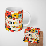 Personalized Custom Name Bold Pop Art Flowers Large Petals Abstract Seamless Pattern Name 11oz Ceramic Coffee Tea Mug White Large Handle