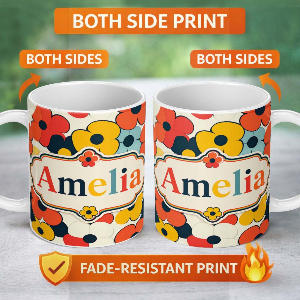 Personalized Custom Name Bold Pop Art Flowers Large Petals Abstract Seamless Pattern Name 11oz Ceramic Coffee Tea Mug White Large Handle