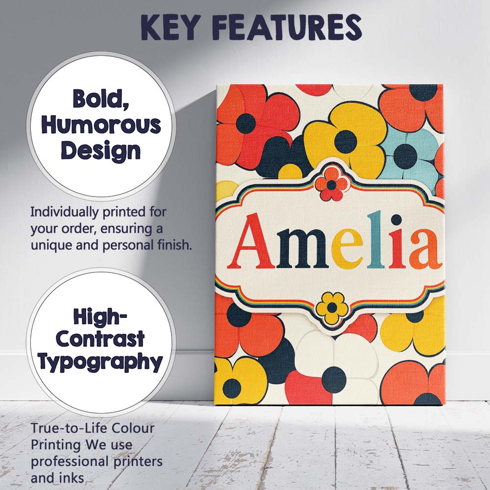 Personalised Name Bold Pop Flowers Custom  Stylish Home Interior Unique Gift Idea Canvas Wall Art Print Decor Picture Ready to Hang